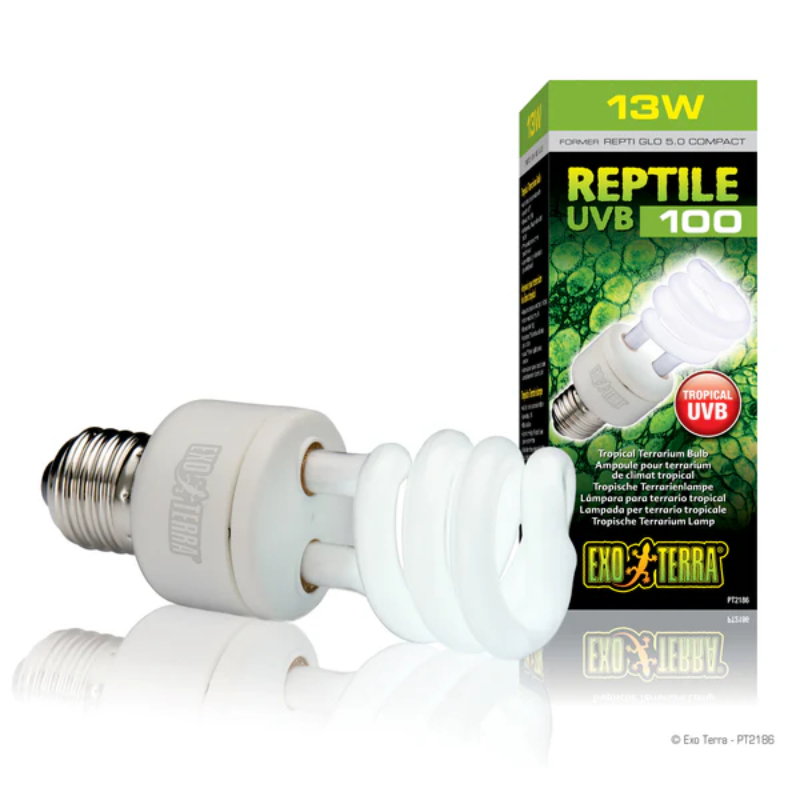 La Ampolleta Reptile UVB 100 de 13 W de Exo Terra está especialmente diseñada para reptiles que necesitan una fuente confiable y constante de rayos UVB