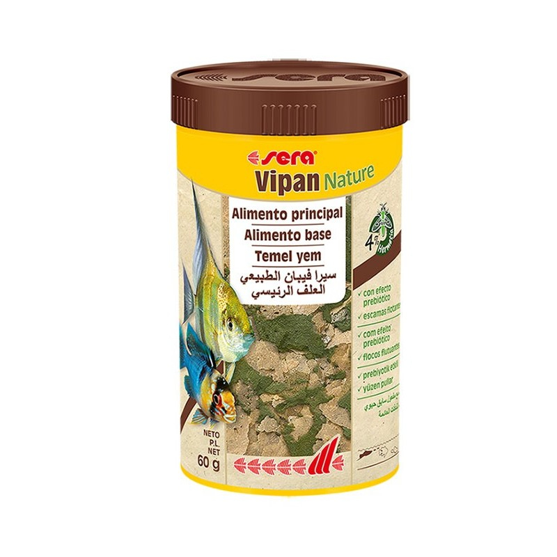 Vipan Nature Es un alimento principal en forma de escamas flotantes, formulado especialmente para peces ornamentales que se alimentan en la superficie.