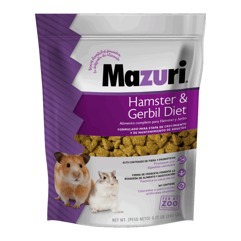 Alimento para hamster y jerbo 350 gr mazuri 1 Alimento para Hámster y Jerbo 100% vegetal, libre de harina de pescado, saludable, sabrosa y de alta digestibilidad para tus pequeños roedores.