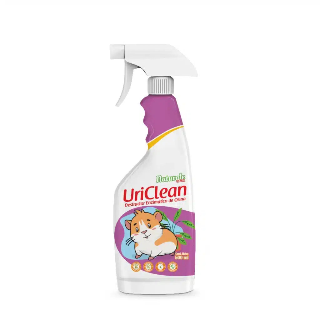 Uriclean-mascotas-exoticas Uriclean Pequeños Animales de NFP es un potente eliminador de orina y olores especialmente formulado para pequeños animales.