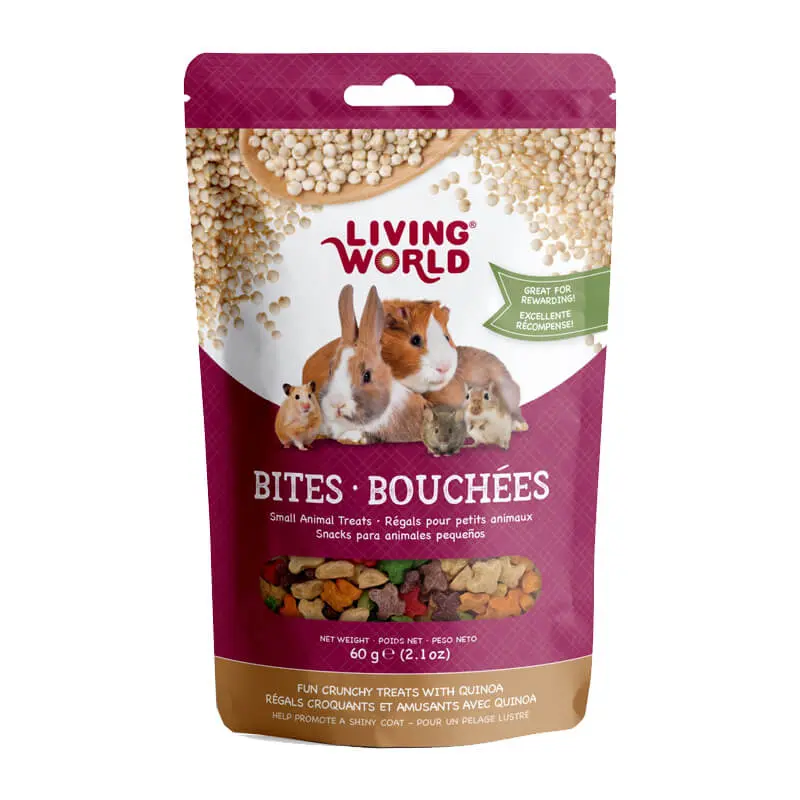 Bites de Quinoa son un snack saludable y lleno de sabor, ideal para conejos, cuyes, chinchillas, hámsters y otros pequeños roedores.