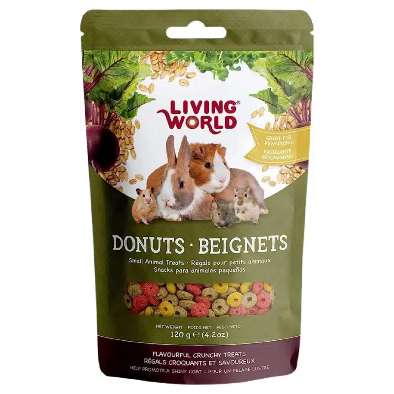 Los Donuts Beignets para Pequeños Animales Living World son un snack divertido y nutritivo, diseñado para conejos, cuyes, chinchillas, hámsters y otros pequeños roedores.