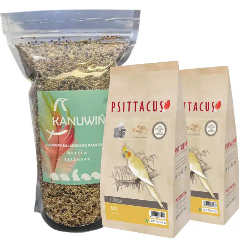 Este pack combinado ofrece una solución nutricional integral. Incluye 2x Alimento Mini 450 g de Psittacus y Mezcla Estandar 1,2 Kg de Kanuwiñ