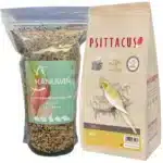 Este pack combinado ofrece una solución nutricional integral. Incluye Alimento Mini 450 g de Psittacus y Mezcla Estándar 500 g de Kanuwiñ