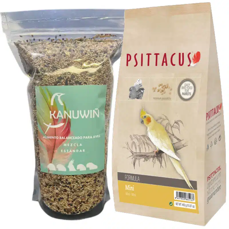 Este pack combinado ofrece una solución nutricional integral. Incluye Alimento Mini 450 g de Psittacus y Mezcla Estándar 500 g de Kanuwiñ