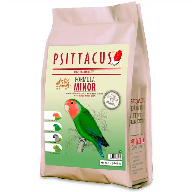 El Alimento Minor de Psittacus es un pienso completo formulado para satisfacer las necesidades nutricionales de psitácidas pequeñas.