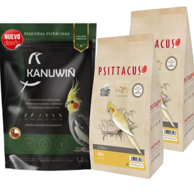 Este pack combinado ofrece una solución nutricional integral. Incluye 2x Alimento Mini 450 g de Psittacus y Mezcla Estandar 1,2 Kg de Kanuwiñ