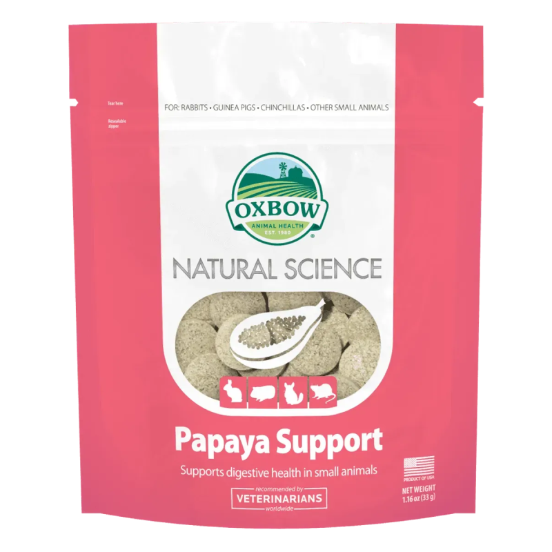 Suplemento Natural Science Papaya de Oxbow es un suplemento diseñado para favorecer la digestión de conejos, cuyos, chinchillas y otros pequeños animales.