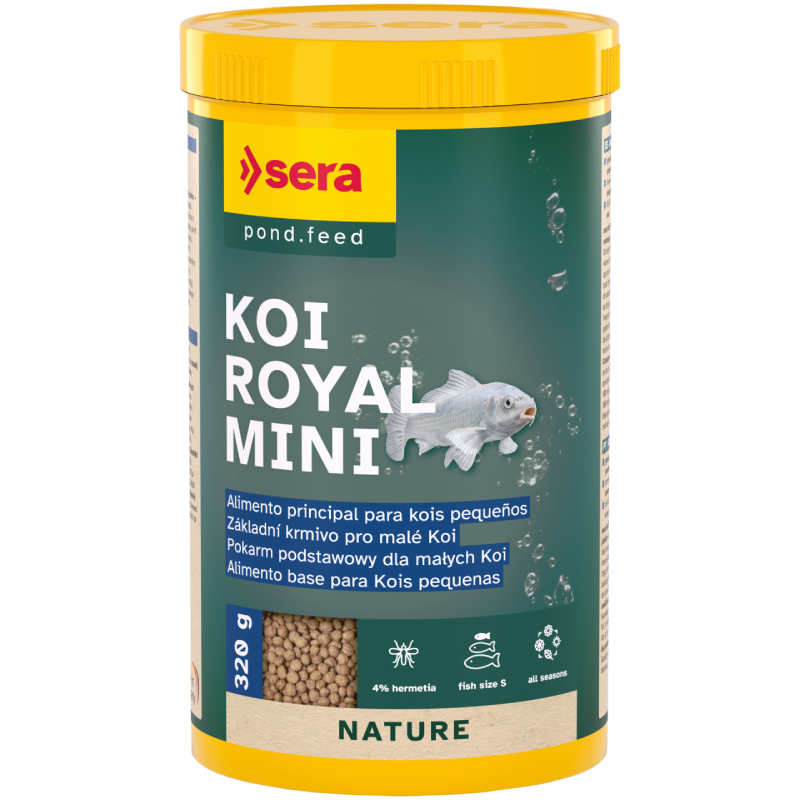 Koi Royal Mini es un alimento balanceado especialmente formulado para carpas koi juveniles o de tamaño pequeño