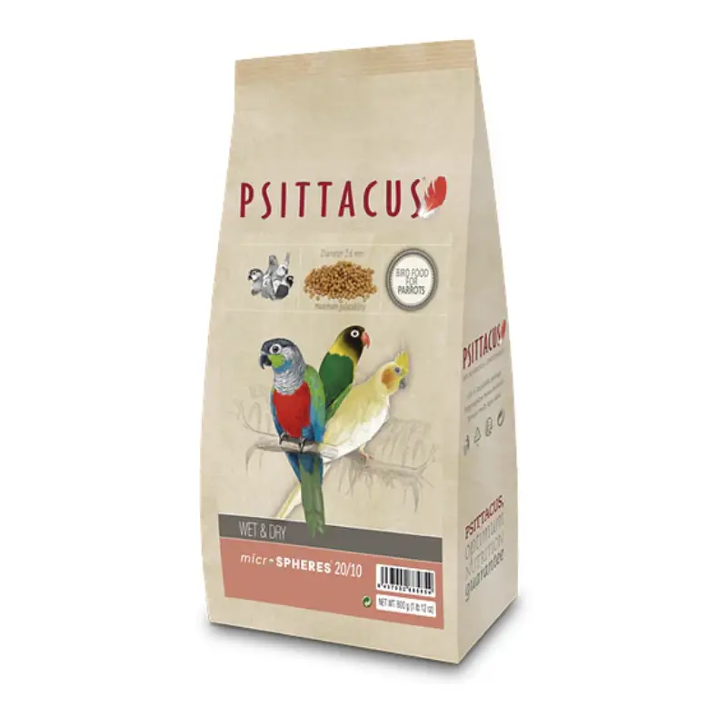 Wet & Dry Microspheres 20/10 800 gr Psittacus: pienso microextruido para agapornis, forpus, pyrrhuras y kakarikis. Apto seco o hidratado para cría.