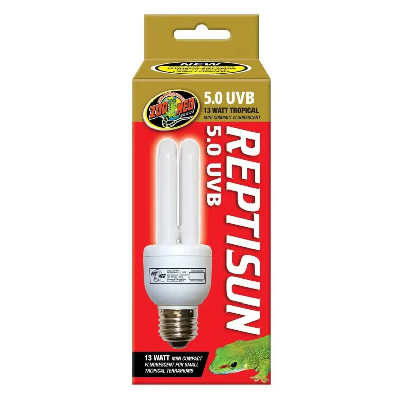 Ampolleta Reptisun Mini 5.0 de 13 W Zoo Med Iluminación UVB de intensidad media para reptiles tropicales y de bosque húmedo.