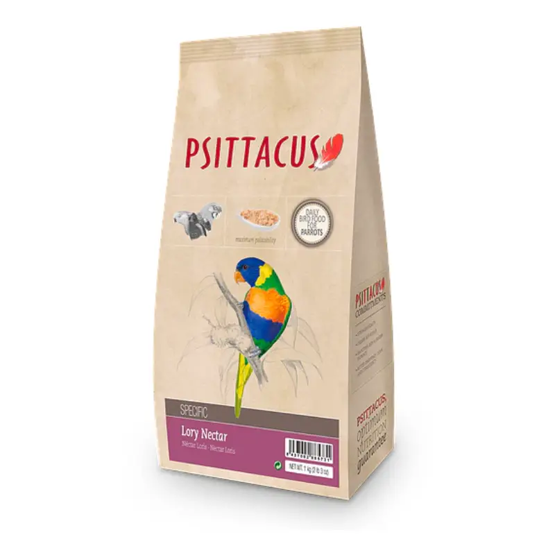 Alimento Lory Nectar 1 kg Psittacus: complemento en polvo con fruta deshidratada para loris y loriquitos. Usar junto a Lory Gel. Nutrición científica.