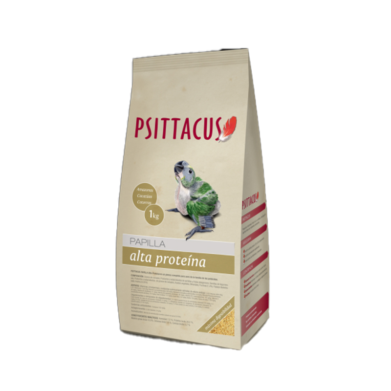 Papilla Alta Proteína 1 kg Psittacus: alimento de cría manual bajo en grasa para amazonas, cacatúas y loros grises. Crecimiento sano desde el nacimiento.