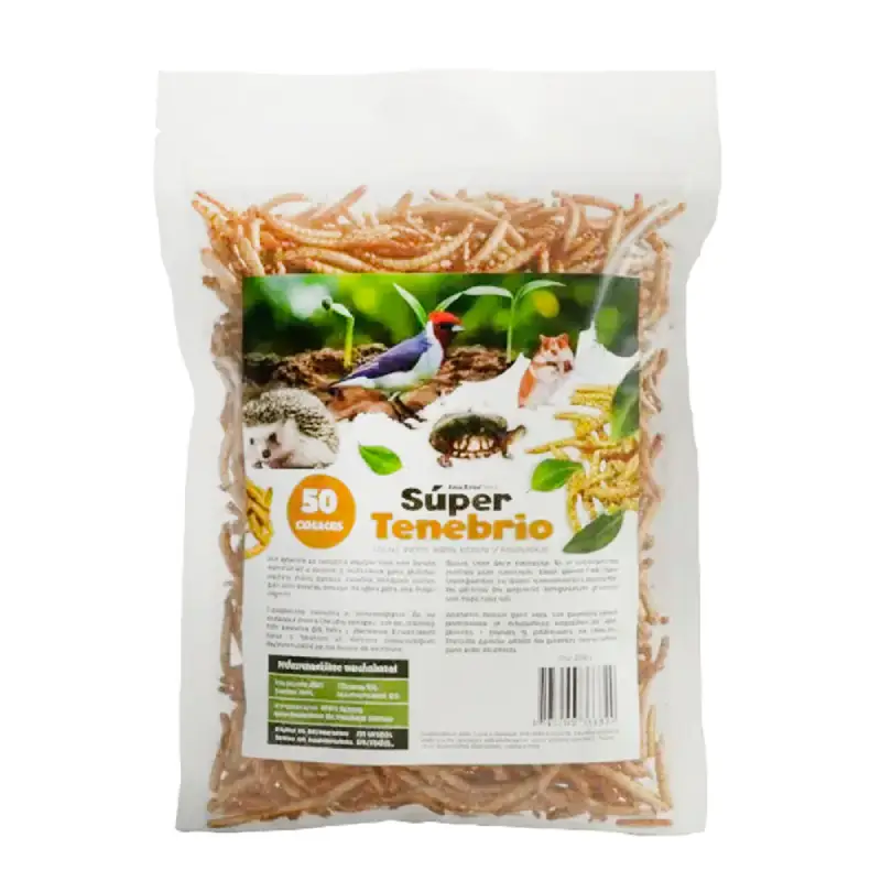 Super Tenebrio 50 gr Martin Pescador: snack proteico de tenebrio deshidratado para ninfas, canarios, agapornis, erizos y reptiles. Sin aditivos.