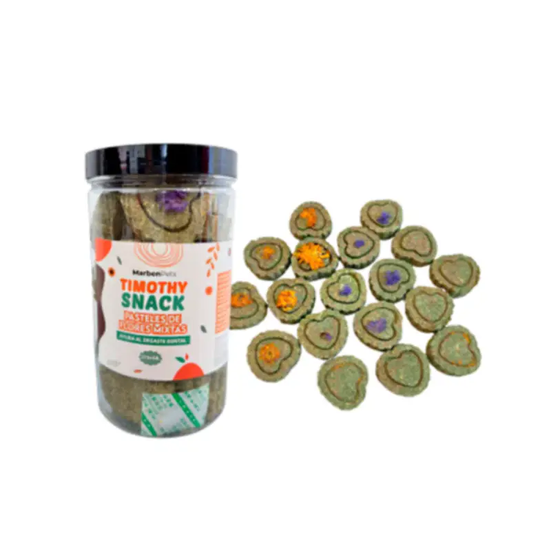Los Pasteles de Flores Mixtas de Marben Pets son un timtothy snack natural con heno y flores para conejos, cuyes, chinchillas y pequeños mamíferos.