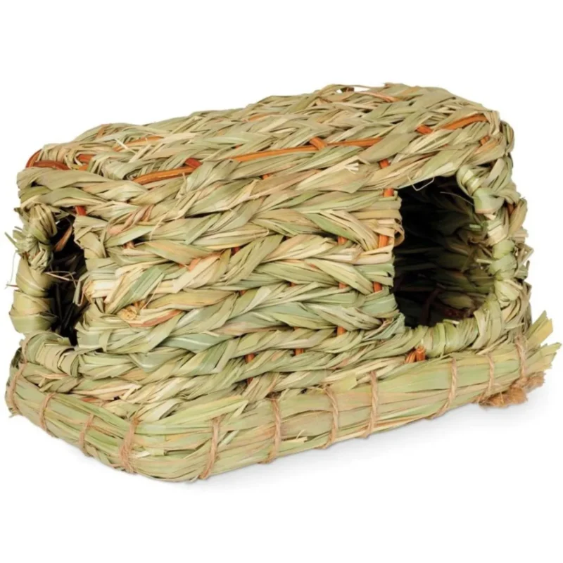 Refugio Cabaña de Pasto M Prevue: escondite 100% fibra vegetal comestible para conejos, cuyes, chinchillas y hamsters. Reduce estrés y enriquece la jaula.