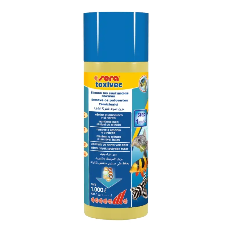 Toxivec 250 ml Sera: tratamiento de emergencia que neutraliza amoníaco, nitritos, cloro y metales pesados. Formato grande para acuarios medianos y grandes.