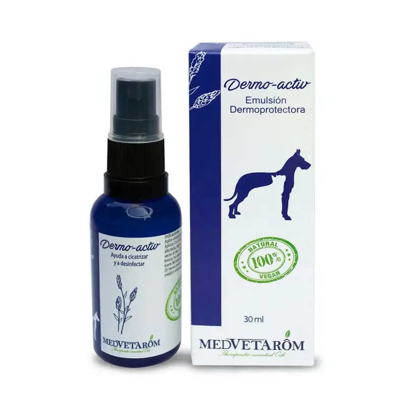 Aceite Dermo Activ Medvetarom: solución fitoaromática natural para dermatitis, prurito, piel seca y cicatrización en mascotas.