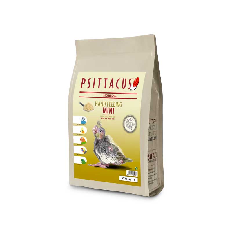 Papilla Mini 5 Kg Psittacus. Nutrición completa para polluelos de agapornis, forpus, pyrrhuras y otras psitácidas pequeñas.