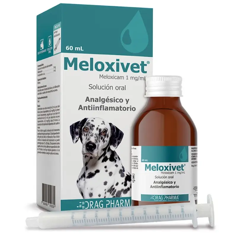 Meloxivet Perro 60 ml, meloxicam 1 mg/ml. AINE analgésico y antiinflamatorio para osteoartritis y dolor musculoesquelético. Con jeringa dosificadora.