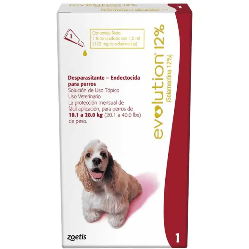 Revolution 12% Perro 10.1 a 20 Kg. Pipeta con selamectina, protección mensual contra pulgas, sarna, ácaros del oído y dirofilaria. Zoetis.