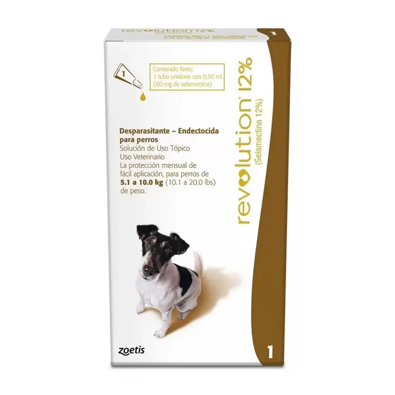 Revolution 12% Perro 5.1 a 10 Kg. Pipeta selamectina para perros medianos. Protección mensual contra pulgas, sarna, ácaros y dirofilaria.
