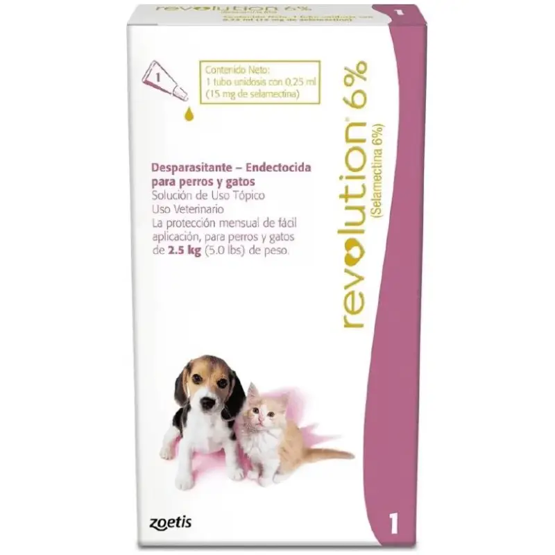 Revolution 6% Perro Gato para mascotas menores de 2.5 kg. Pipeta selamectina, protección mensual contra pulgas, sarna, ácaros y dirofilaria.