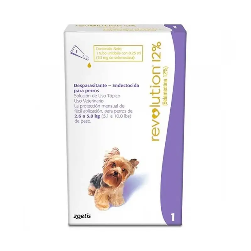 Revolution 12% Perro 2.6 a 5 Kg. Pipeta selamectina para perros pequeños. Protección mensual contra pulgas, sarna, ácaros y dirofilaria.