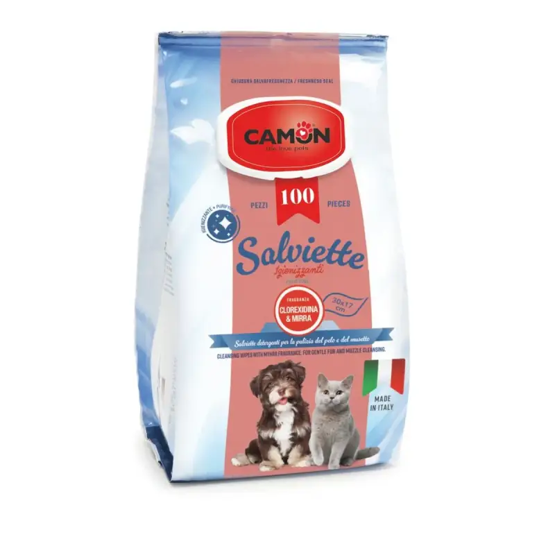 Toallitas con Clorhexidina 100 unidades Camon — toallitas higiénicas con clorhexidina 0,3% y mirra, formato familiar de 100 unidades. Limpieza antiséptica suave para perros, gatos y mascotas exóticas.