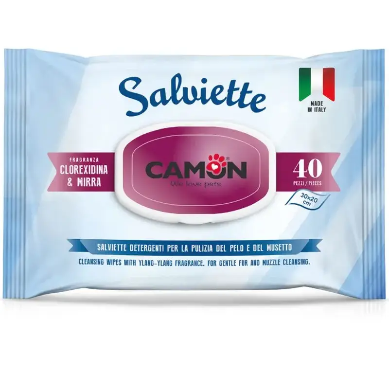 Toallitas Clorhexidina 40 unidades Camon — toallitas higiénicas con clorhexidina 0,3% y mirra para la limpieza suave y antiséptica de perros, gatos y mascotas exóticas. Prácticas para usar entre baños o después del paseo.